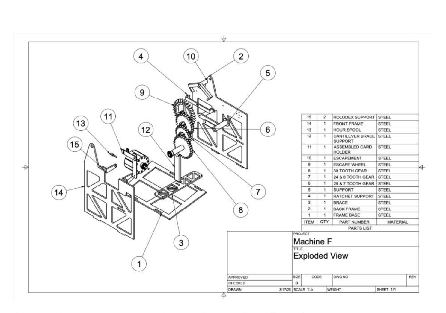 Exploded engineering drawing of the mechanical timepiece