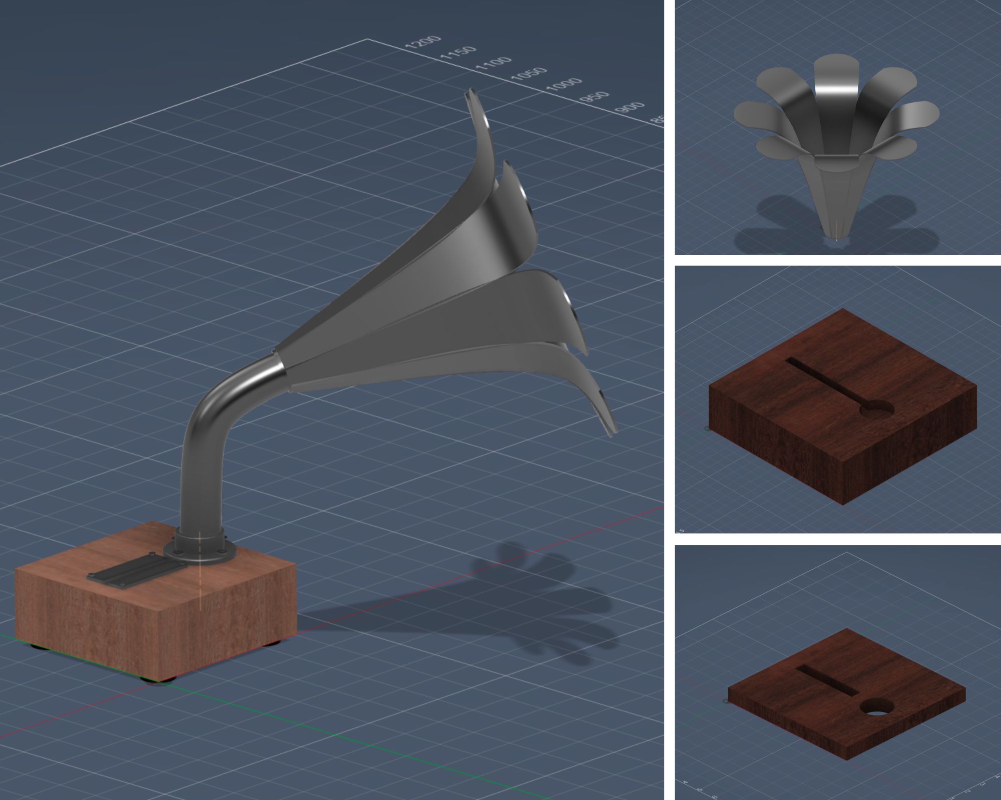 CAD model of the gramophone speaker assembly